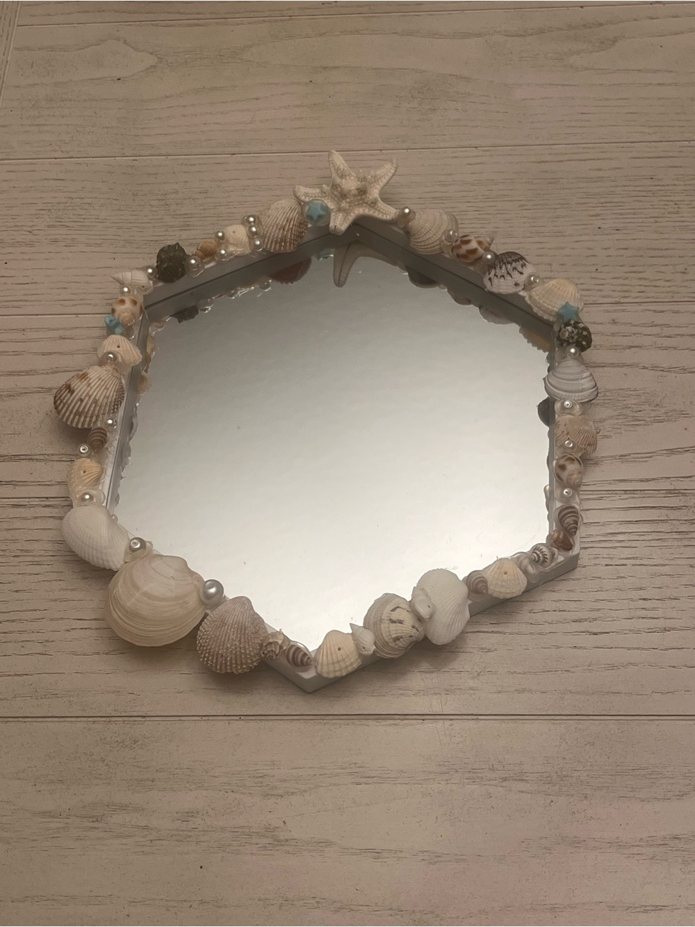 Seashell Starfish Decorative Hexagon Mirror - Neutral Beach Colors